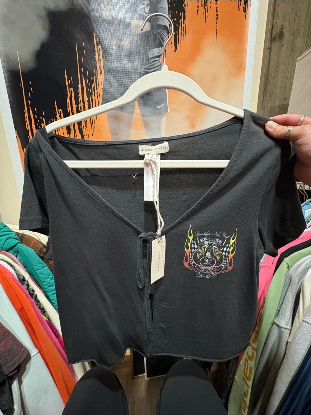 Gilded Intent Black Tie-Front Crop Top with Flame Chest Graphic